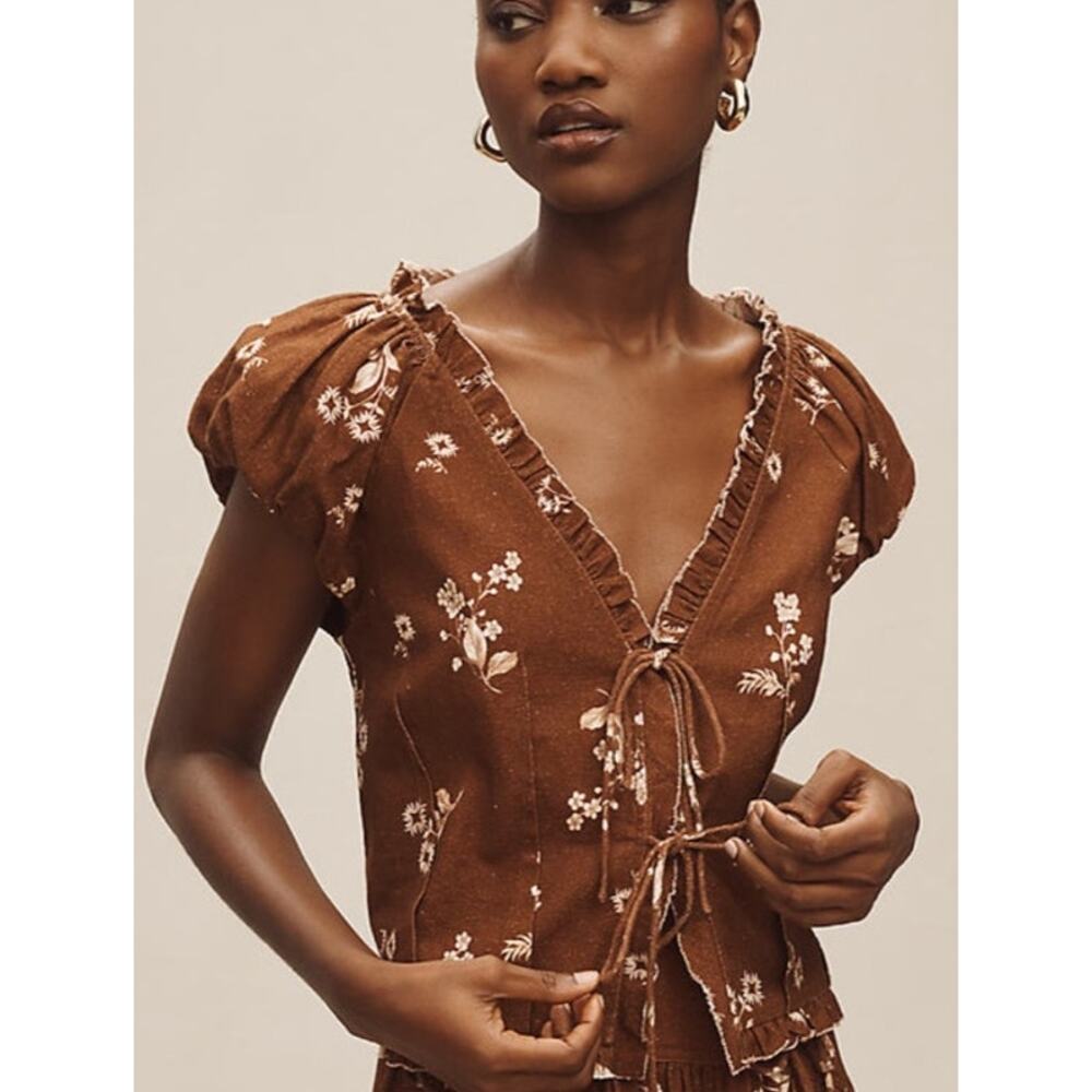 Anthropologie Brown Floral Linen Cotton Tie Front Puff Sleeve Crop Top M - Picture 2 of 11